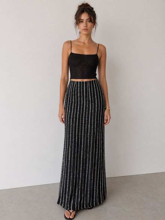 Dresses & Skirts - Black & White Textured Maxi Skirt | XS | Elegant Vertical Pattern